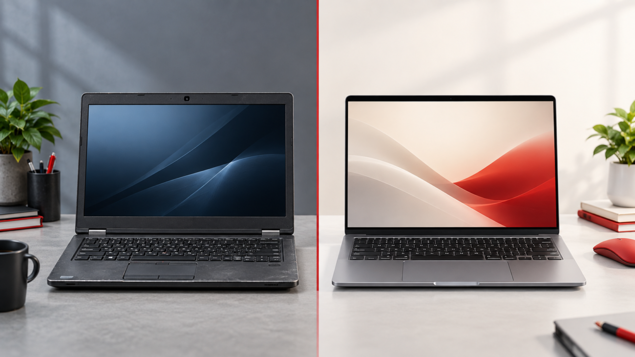 Refurbished business laptop beside a brand-new laptop for comparison in Pakistan