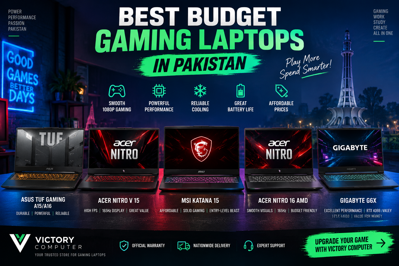 Best Budget Gaming Laptops in Pakistan featuring ASUS TUF, Acer Nitro, MSI Katana and Gigabyte gaming laptops