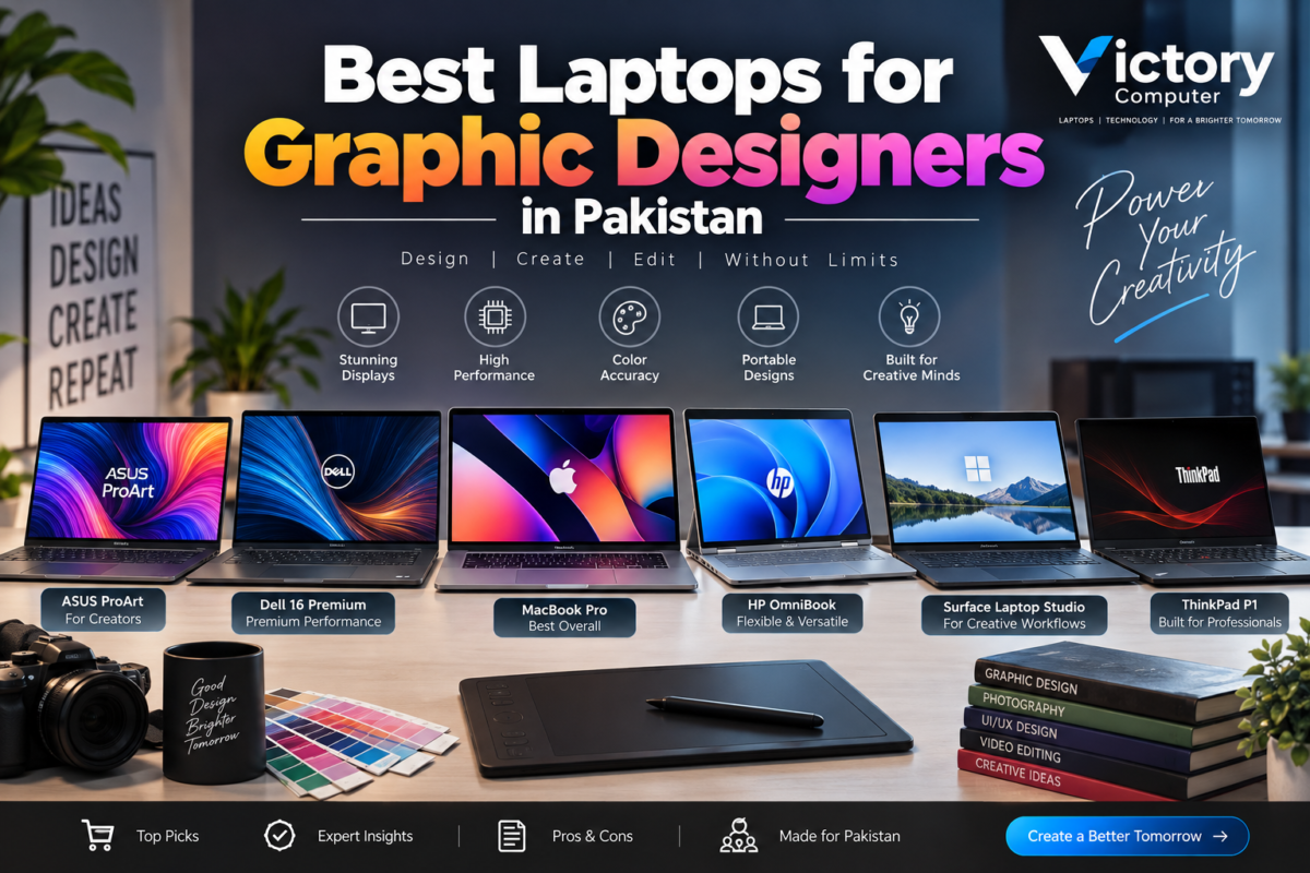 : Best laptops for graphic designers in Pakistan featuring MacBook Pro, ASUS ProArt, Dell, HP, Surface Laptop Studio and Lenovo ThinkPad