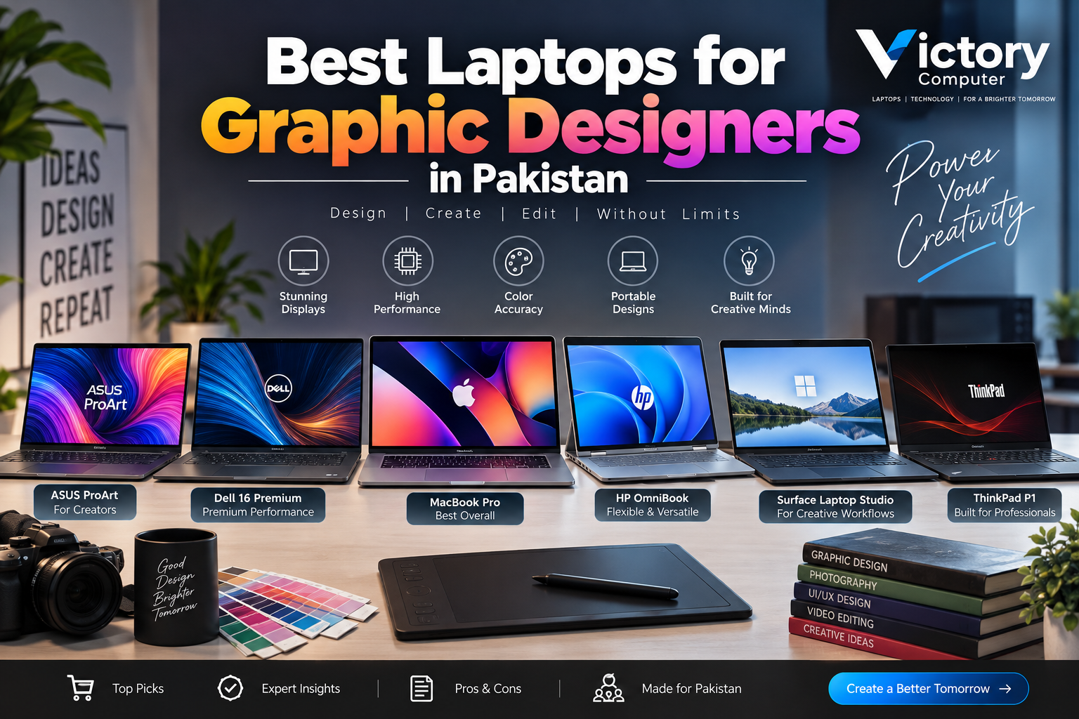 : Best laptops for graphic designers in Pakistan featuring MacBook Pro, ASUS ProArt, Dell, HP, Surface Laptop Studio and Lenovo ThinkPad