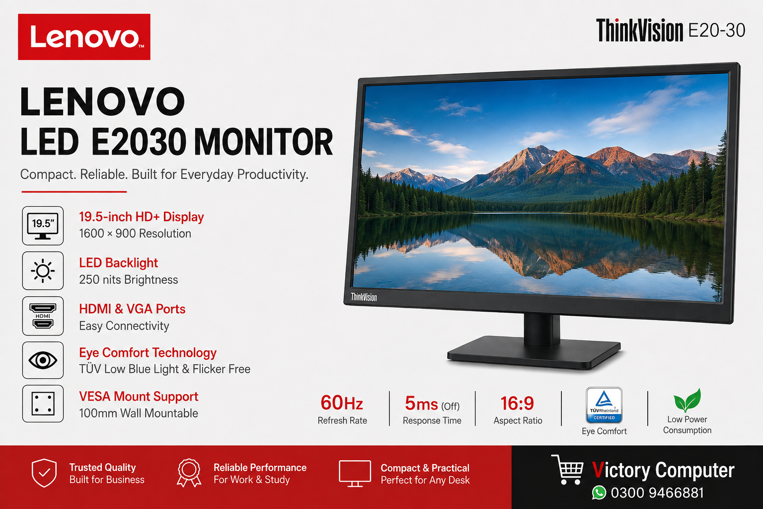 Lenovo LED E2030 Monitor with 19.5-inch HD+ display for office and everyday productivity