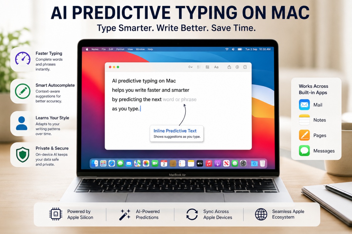 AI predictive typing on Mac showing smart autocomplete and inline text suggestions on a MacBook