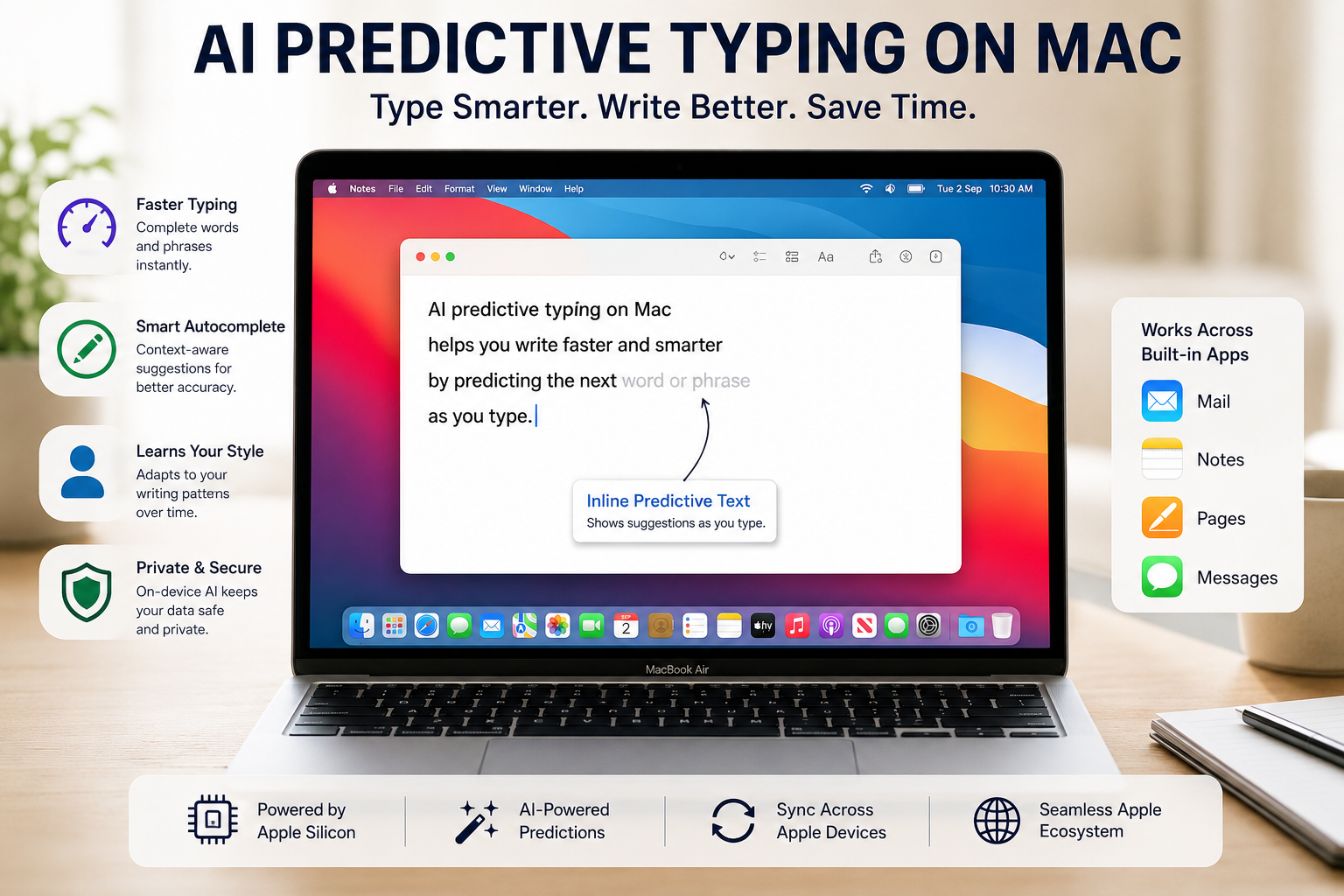 AI predictive typing on Mac showing smart autocomplete and inline text suggestions on a MacBook