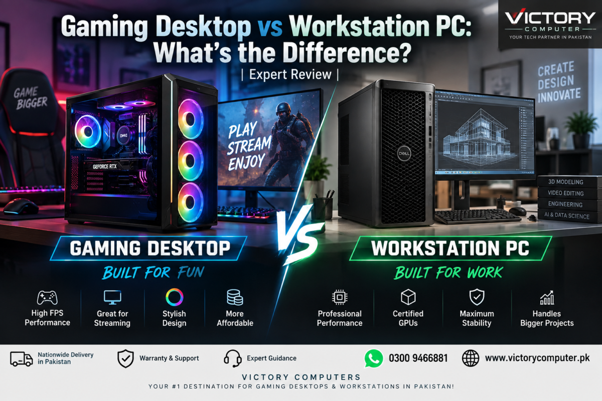 Gaming Desktop vs Workstation PC comparison showing gaming PC and professional workstation