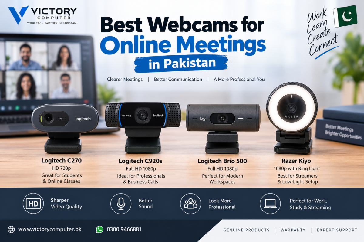 Best webcams for online meetings in Pakistan featuring Logitech C270, C920s, Brio 500 and Razer Kiyo