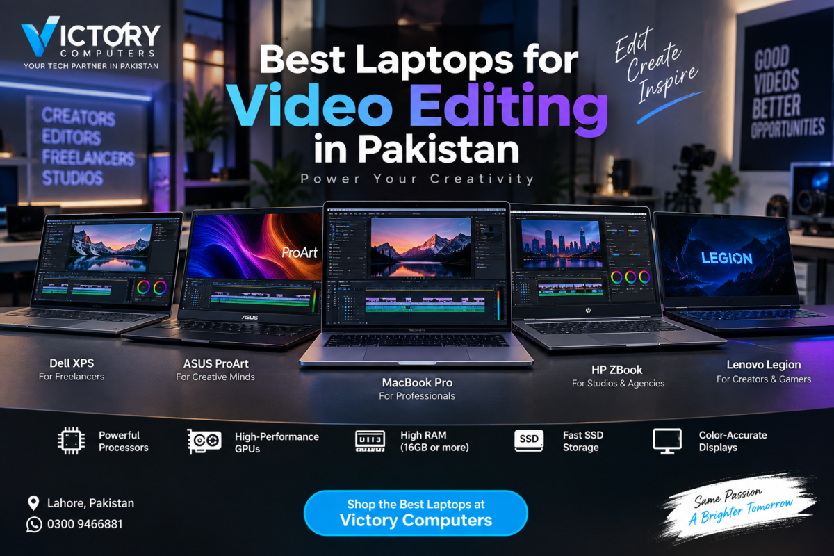 Best laptops for video editing in Pakistan featuring MacBook Pro, ASUS ProArt, HP ZBook, Dell XPS and Lenovo Legion