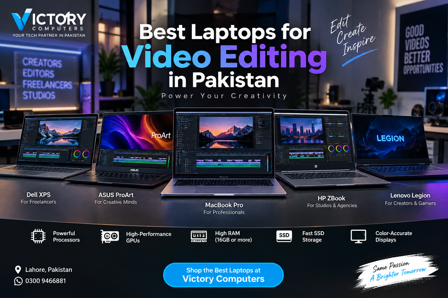 Best laptops for video editing in Pakistan featuring MacBook Pro, ASUS ProArt, HP ZBook, Dell XPS and Lenovo Legion
