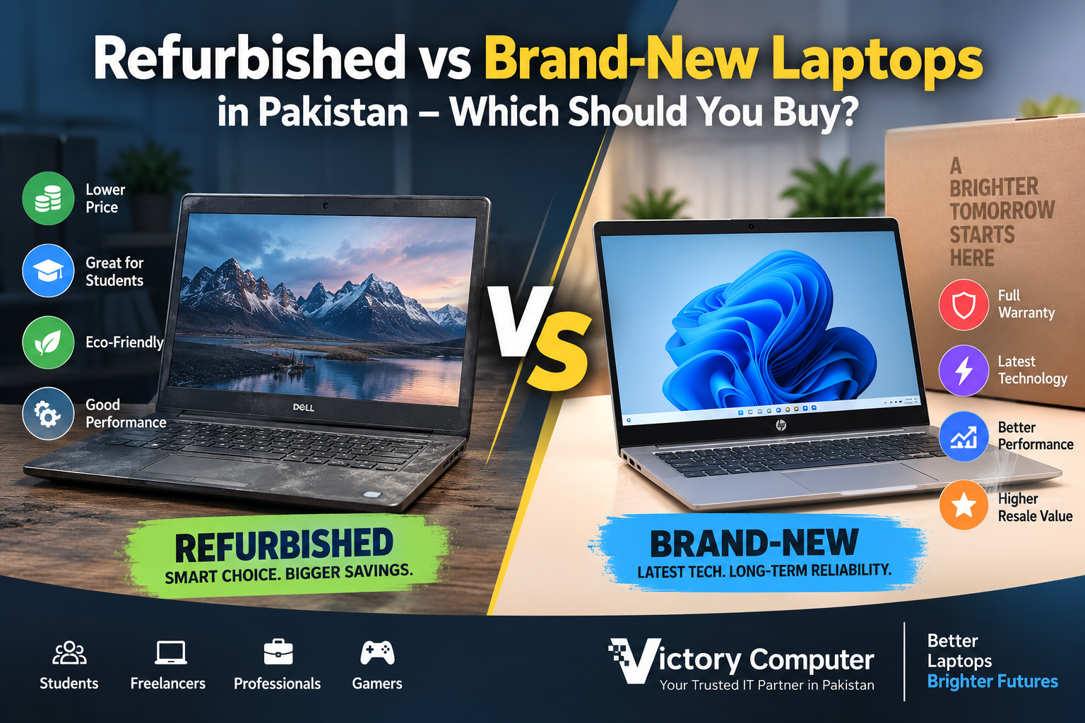 Refurbished vs Brand-New Laptops in Pakistan comparison showing price, warranty, performance, reliability, and buyer types