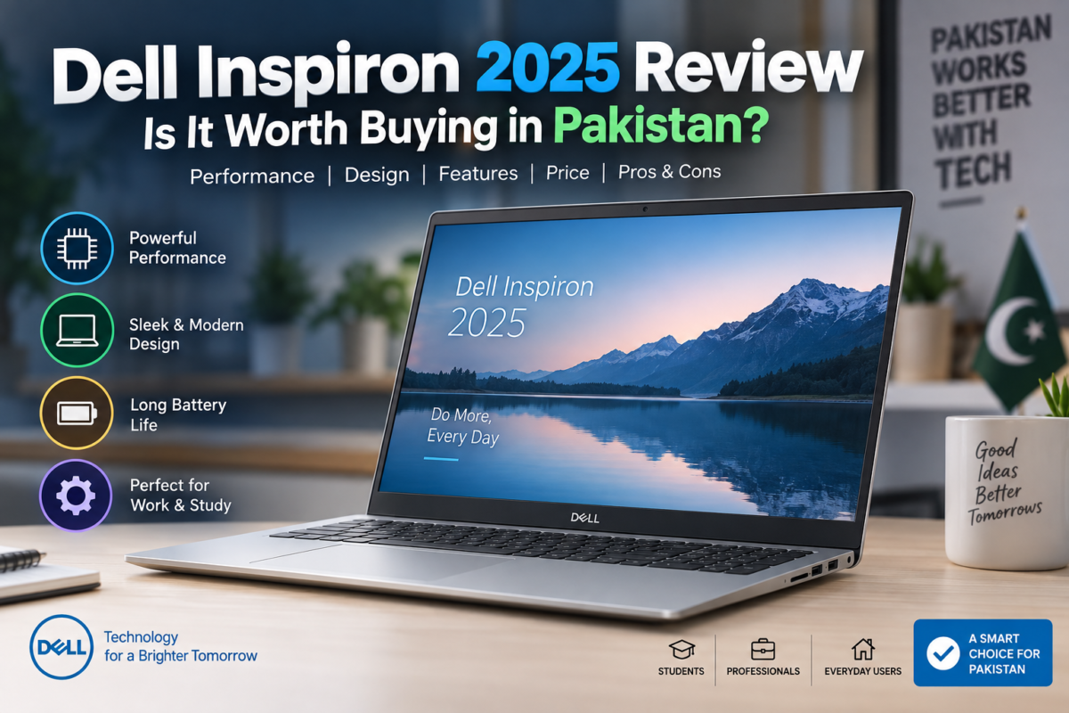 Dell Inspiron 2025 review showing a silver Dell laptop for students, professionals and everyday users in Pakistan.