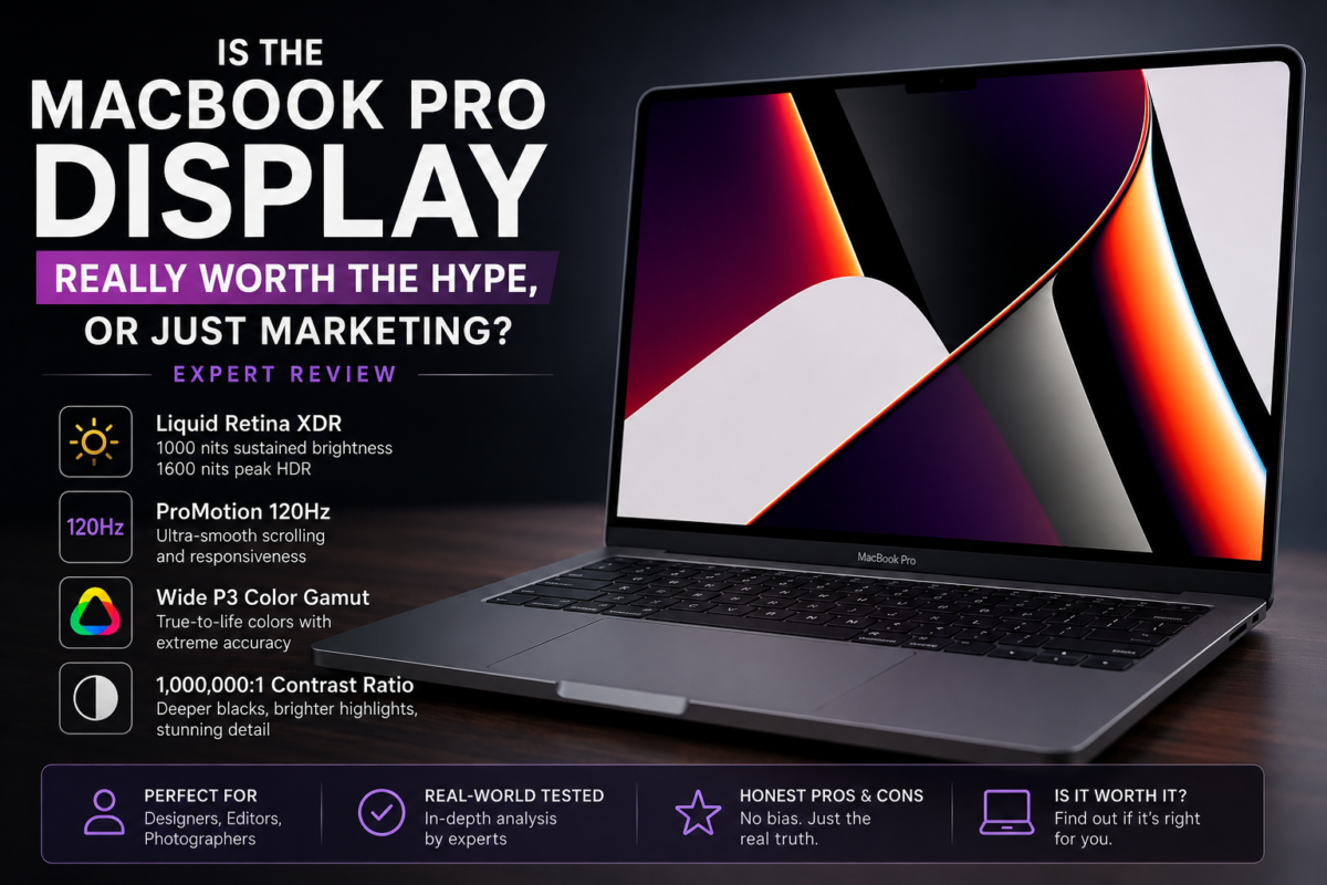 MacBook Pro display review showing Liquid Retina XDR, ProMotion 120Hz, P3 color and contrast ratio