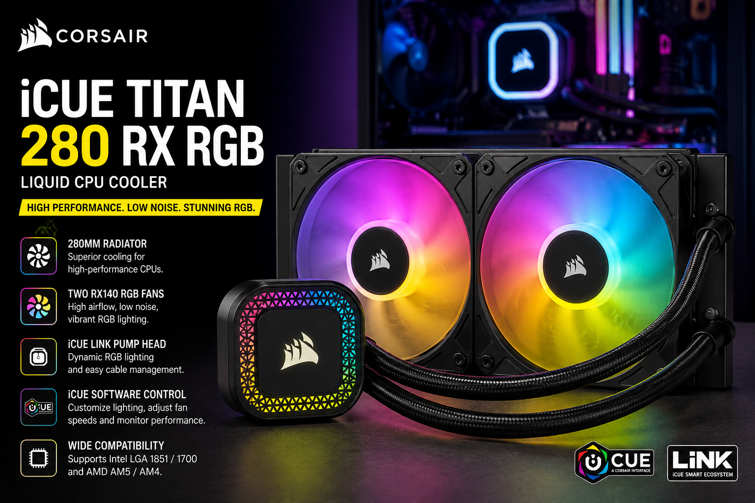 Corsair iCUE Titan 280 RX RGB Cooler with dual RGB fans