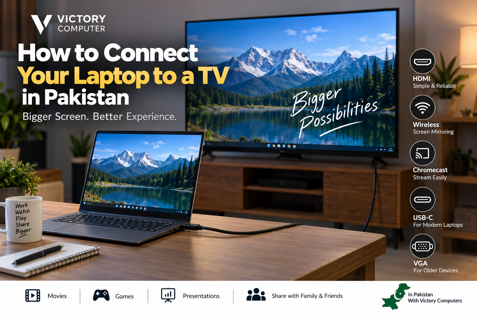 How to connect your laptop to a TV in Pakistan using HDMI wireless Chromecast USB-C and VGA