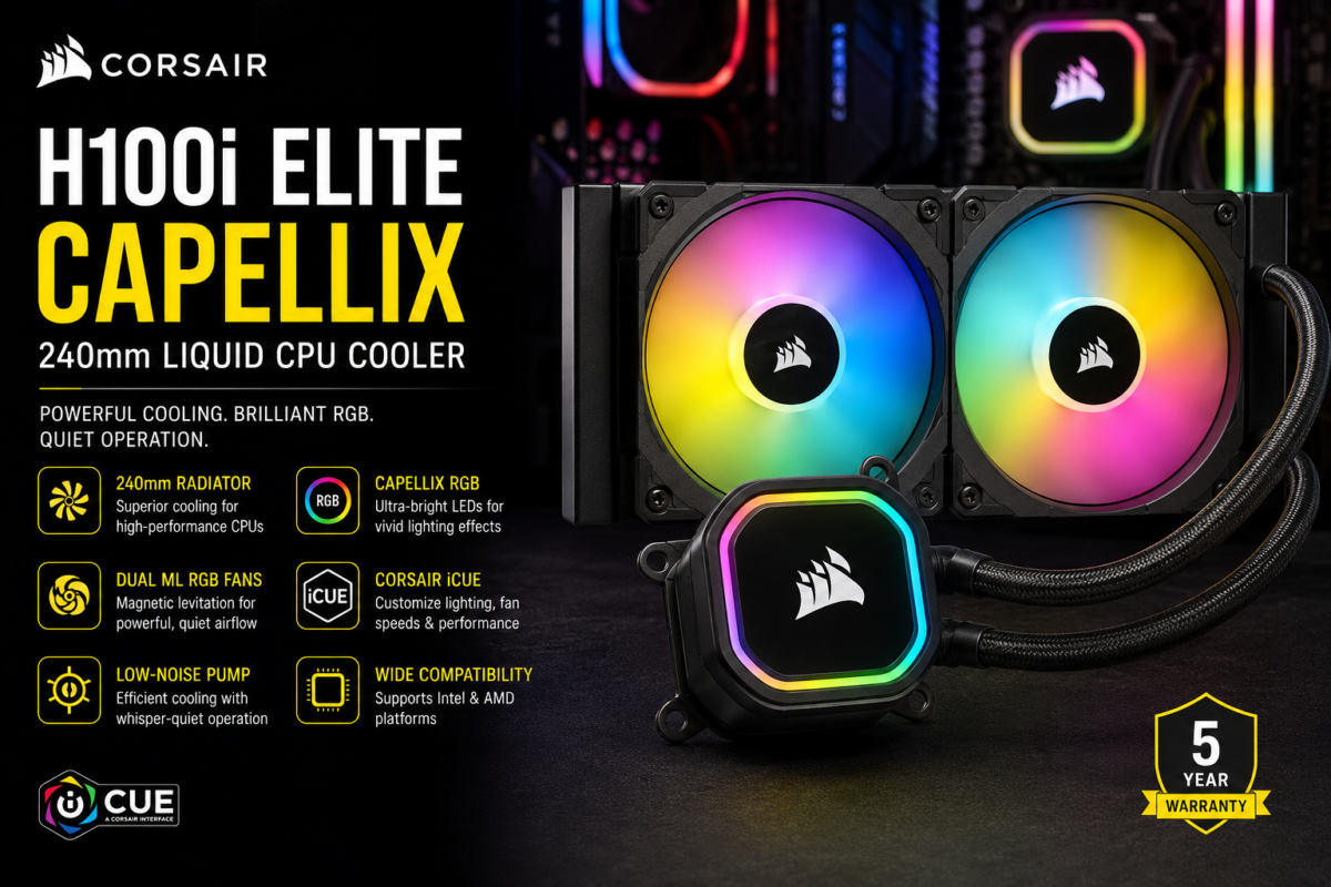 Corsair H100i Capellix 240mm Cooler with RGB fans and illuminated pump
