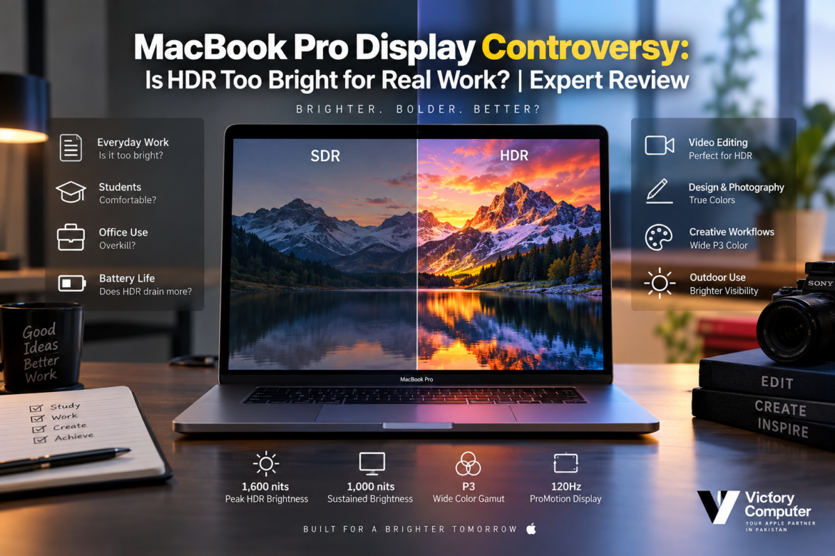 MacBook Pro Display Controversy showing SDR vs HDR brightness comparison for real work