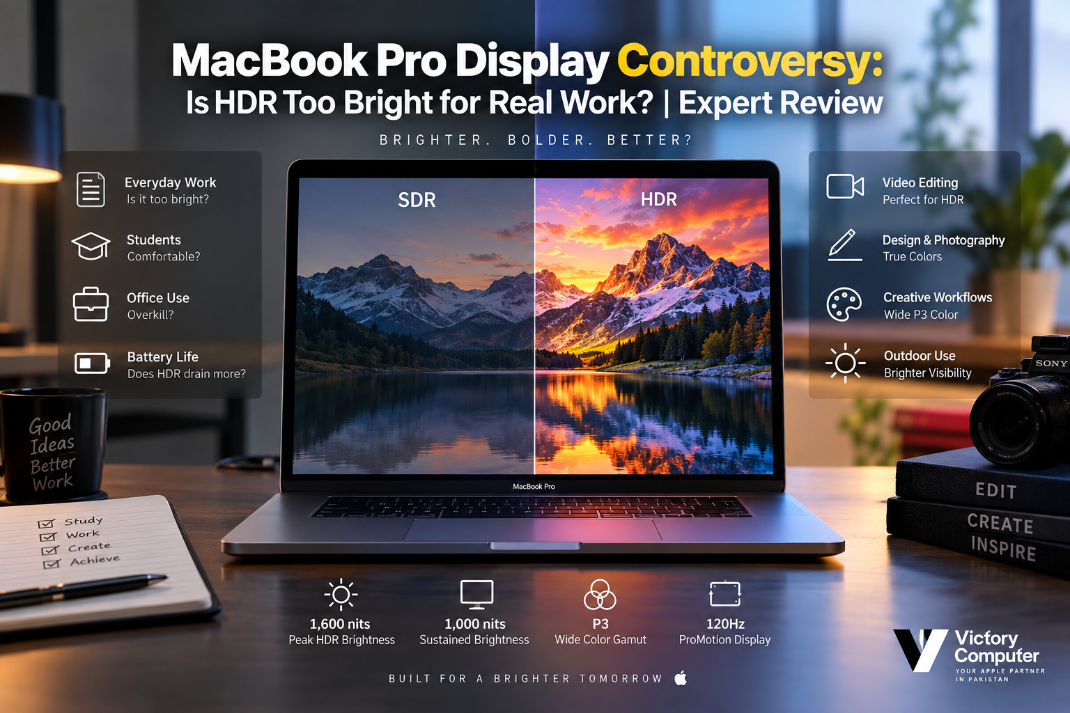 MacBook Pro Display Controversy showing SDR vs HDR brightness comparison for real work