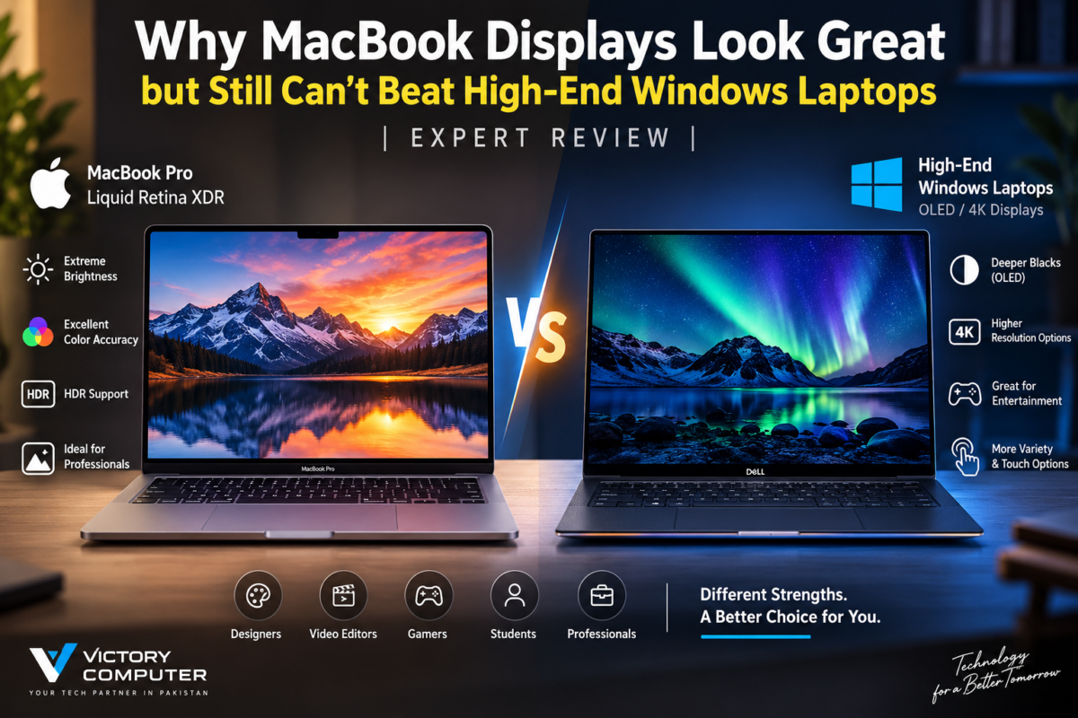 MacBook vs Windows display quality comparison showing MacBook Pro XDR and high-end Windows OLED laptop