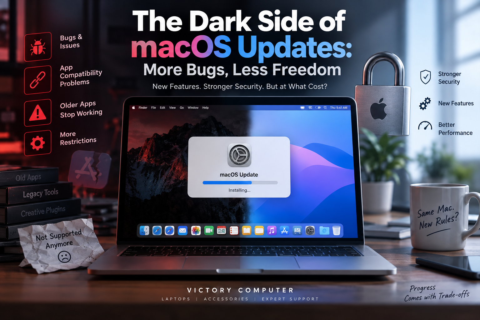 The Dark Side of macOS Updates showing bugs, app compatibility issues, security restrictions and new features
