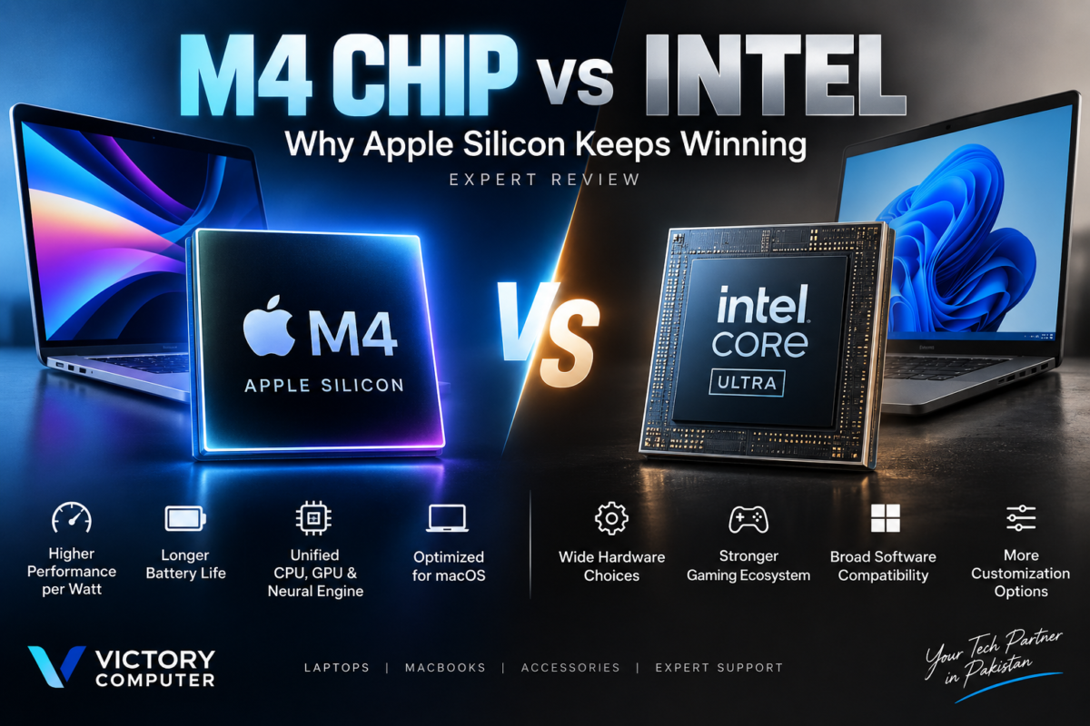 M4 Chip vs Intel comparison showing Apple Silicon M4 and Intel Core Ultra laptops