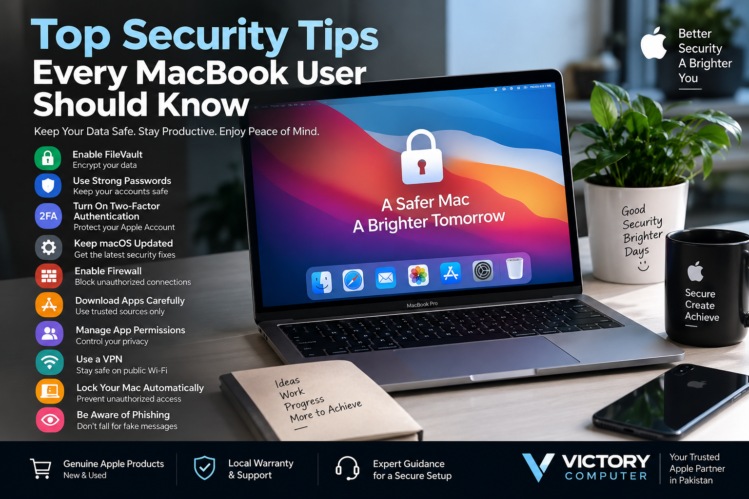 : Top security tips every MacBook user should know including FileVault, two-factor authentication, firewall, updates, VPN and phishing protection