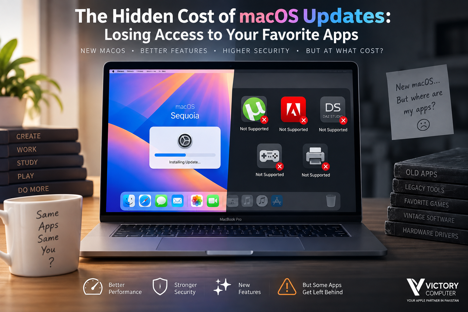macOS updates app compatibility showing unsupported apps on a MacBook
