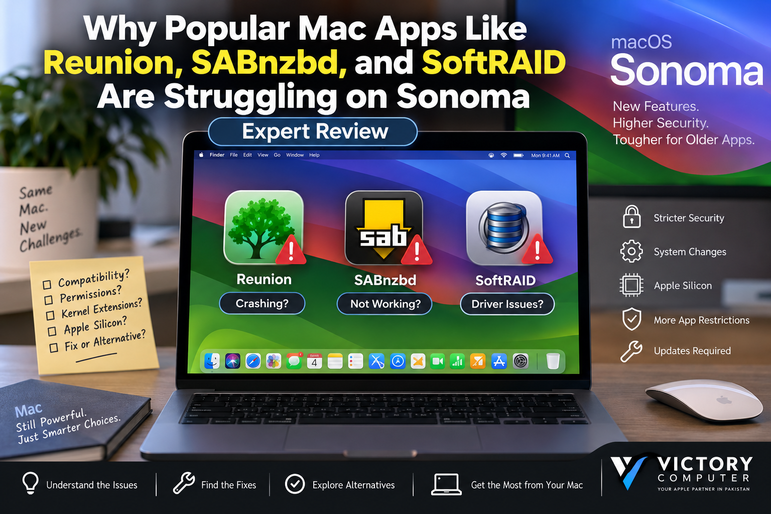 Text: Mac apps struggling on macOS Sonoma with Reunion, SABnzbd and SoftRAID compatibility issues