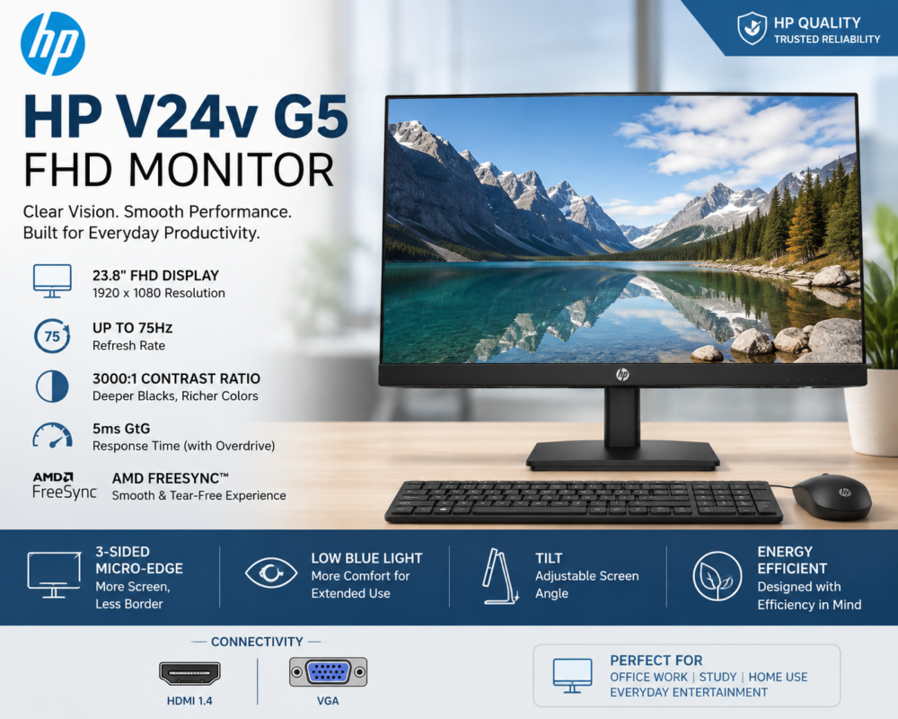 HP V24v G5 FHD Monitor expert review with 23.8-inch Full HD display and 75Hz refresh rate