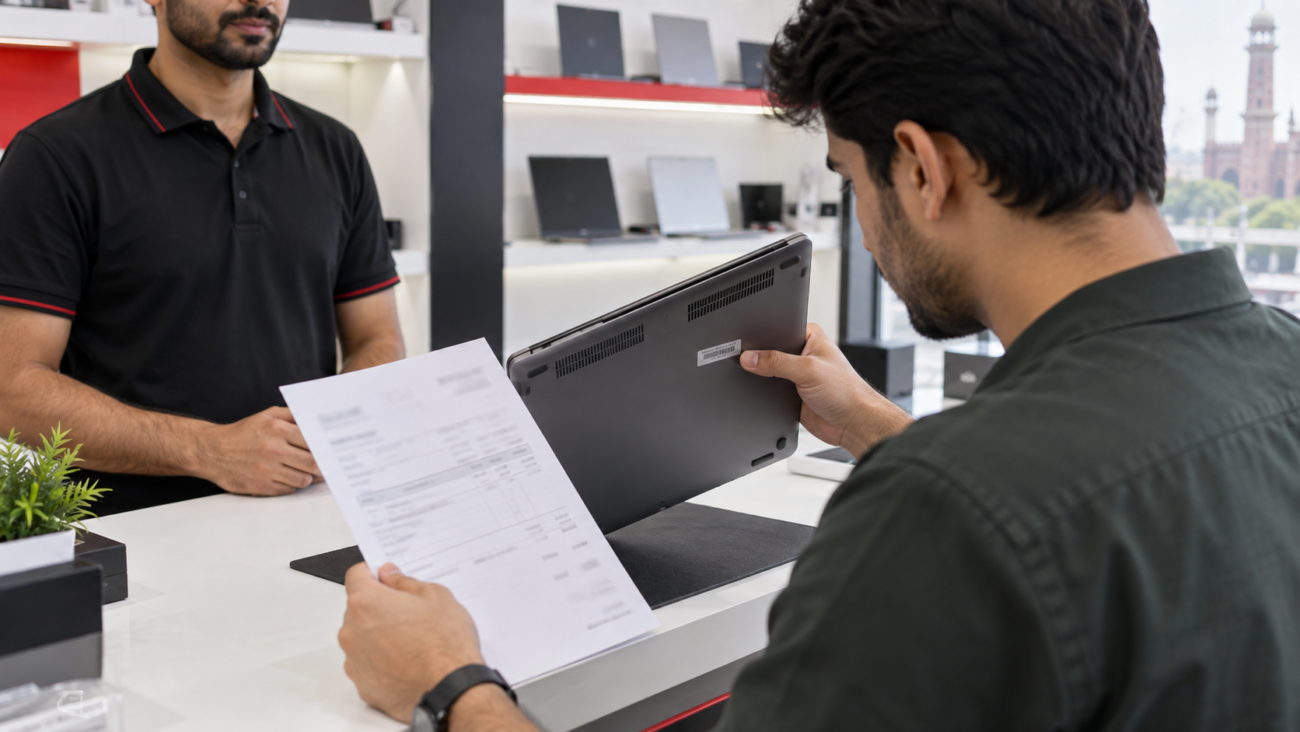 Buyer comparing a laptop’s serial number with its purchase invoice in Pakistan