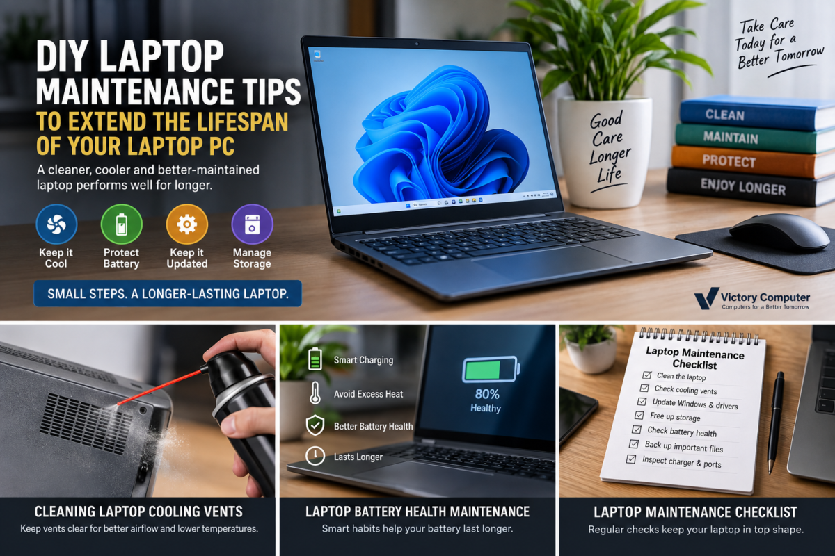 DIY laptop maintenance tips infographic showing cooling vent cleaning, battery health care, software updates, storage management, and a laptop maintenance checklist