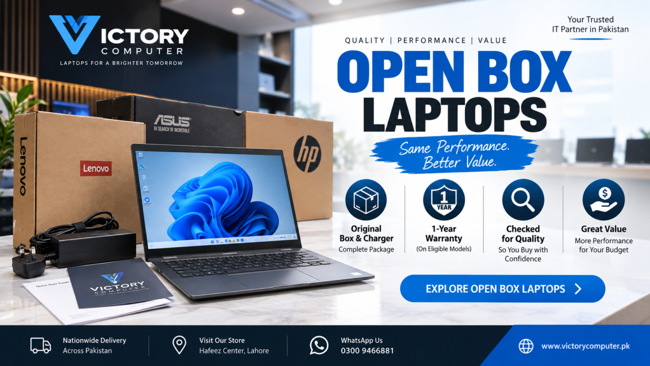 Victory Computer Open Box Laptops in Pakistan with original box, charger and 1-year warranty