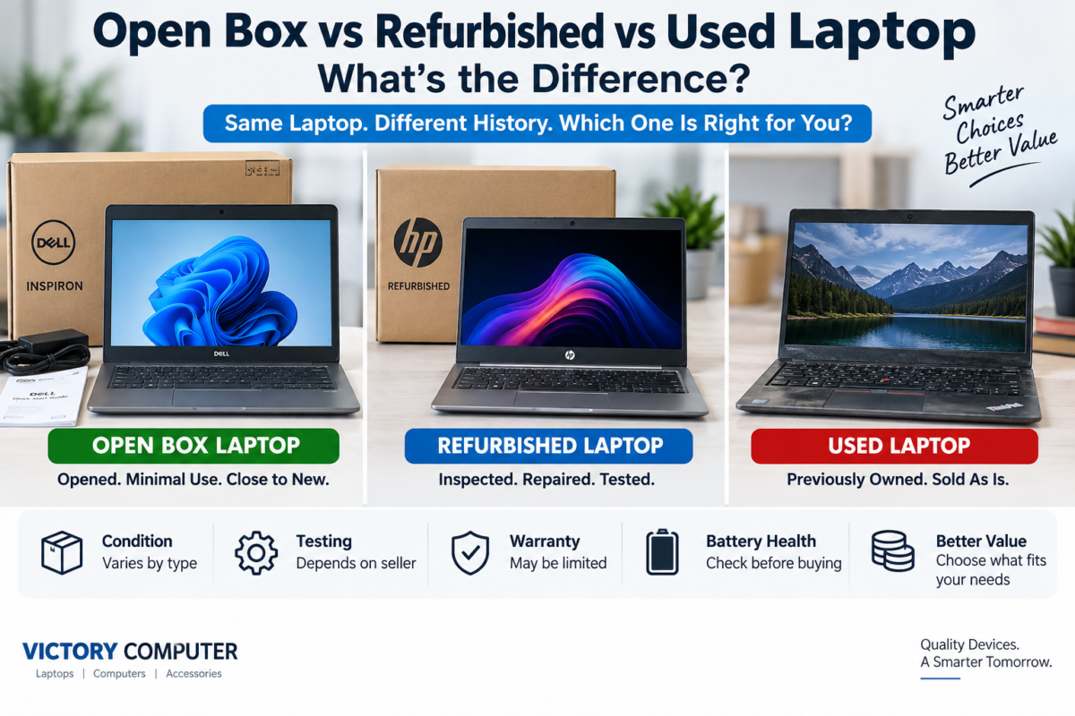 Open Box vs Refurbished vs Used Laptop comparison guide showing condition, testing, warranty and battery health