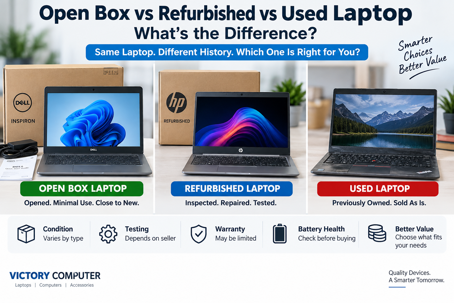Open Box vs Refurbished vs Used Laptop comparison guide showing condition, testing, warranty and battery health